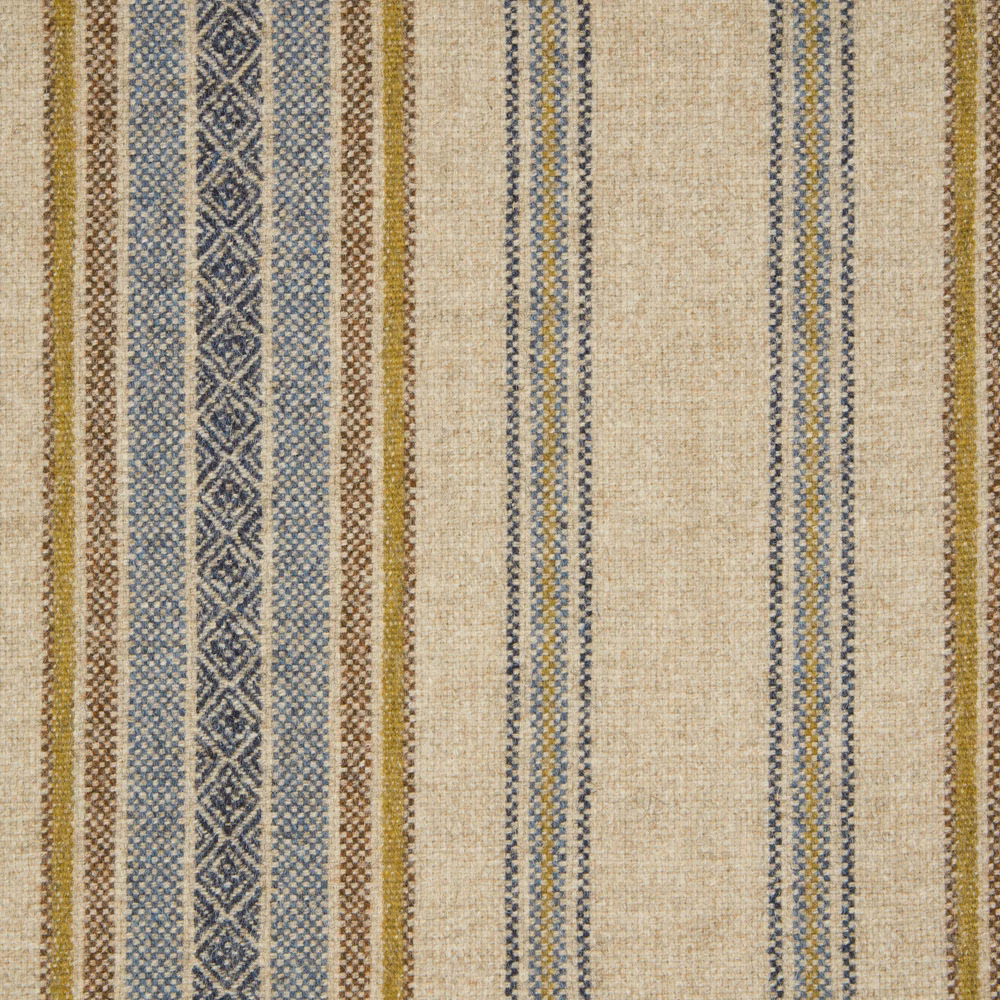 Natural beige woven stripe with denim-blue diamonds and ochre accents