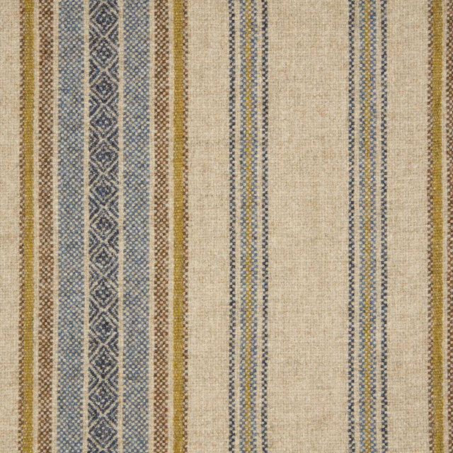Natural beige woven stripe with denim-blue diamonds and ochre accents