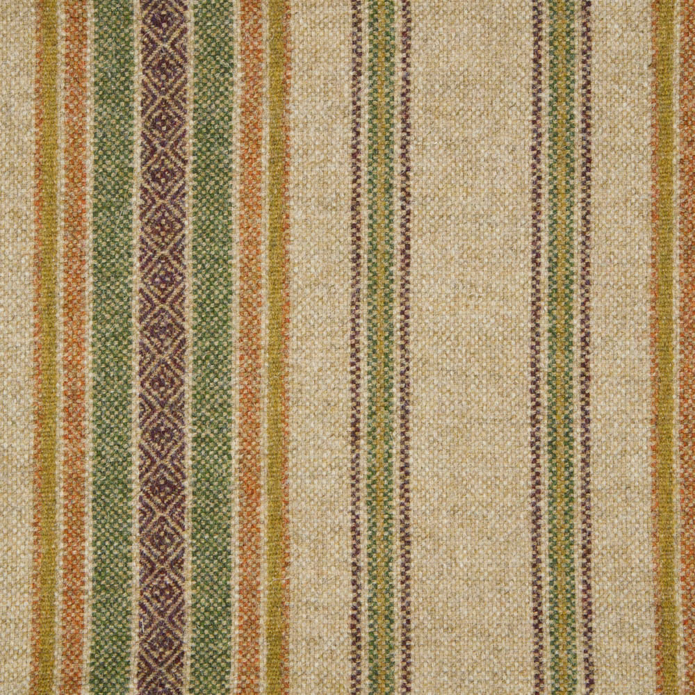 Natural and olive woven fabric with vertical stripes and a repeating dark diamond band