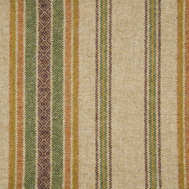 Natural and olive woven fabric with vertical stripes and a repeating dark diamond band