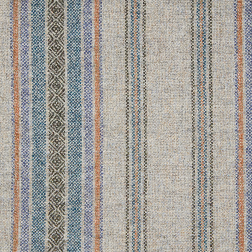 Silver woven upholstery fabric with aqua stripes, rust accents and repeating diamond bands