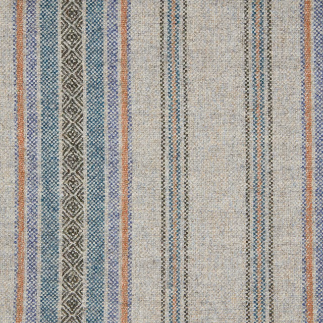 Silver woven upholstery fabric with aqua stripes, rust accents and repeating diamond bands