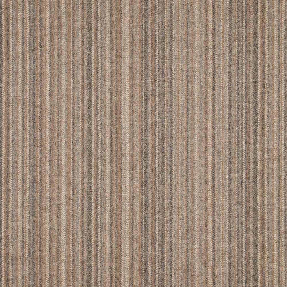 Millstone taupe fabric with fine vertical grey-brown stripes and a softly nubby woven texture