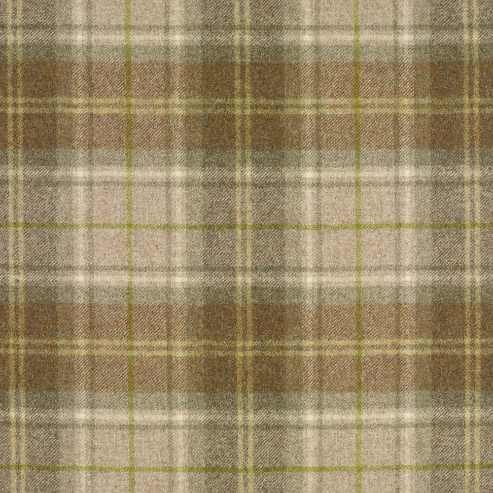 Muted lichen olive plaid with taupe, brown and cream woven checks