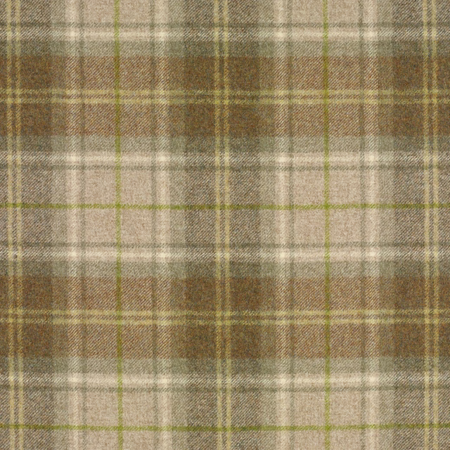 Muted lichen olive plaid with taupe, brown and cream woven checks
