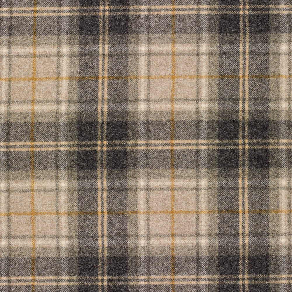 Charcoal, cream and ochre mustard plaid with a softly textured woven surface