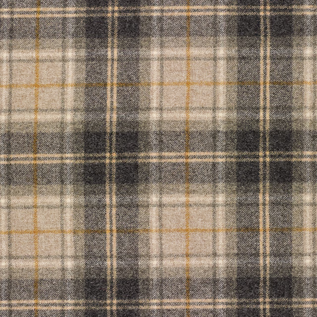 Charcoal, cream and ochre mustard plaid with a softly textured woven surface