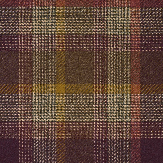 Deep burgundy woven plaid with mustard, olive and brown checked blocks