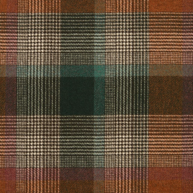 Close-up of evergreen, rust and cream woven plaid with large checks and fine textured detailing