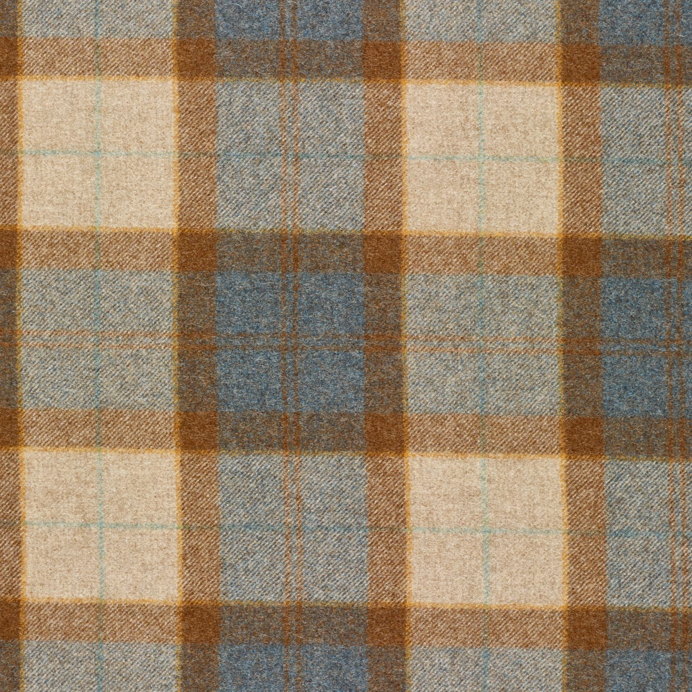 Muted Eau De Nil plaid showing blue-grey, cream and tobacco-brown woven checks
