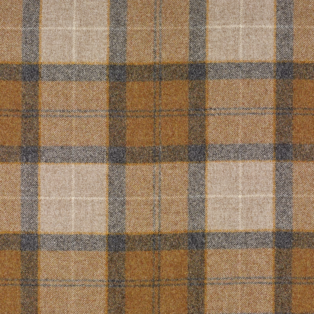 Warm mustard plaid with cream blocks, charcoal lines and a coarse woven texture