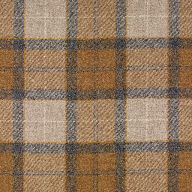 Warm mustard plaid with cream blocks, charcoal lines and a coarse woven texture