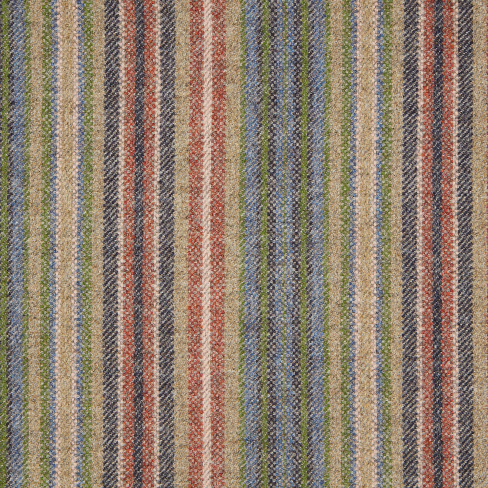 Textured woven fabric with blue, rouge, green, cream and charcoal vertical stripes