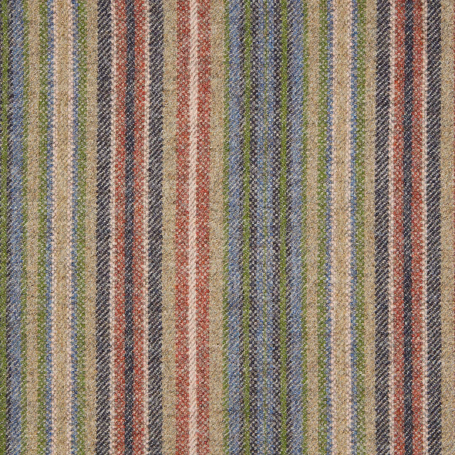 Textured woven fabric with blue, rouge, green, cream and charcoal vertical stripes