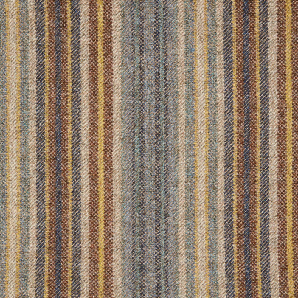 Denim blue, gold, beige and brown vertical stripes in a textured woven fabric