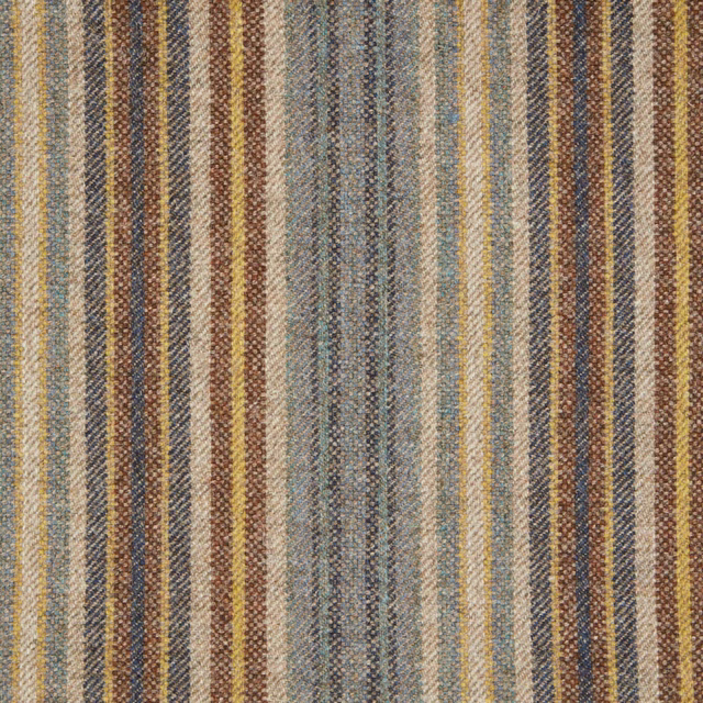 Denim blue, gold, beige and brown vertical stripes in a textured woven fabric