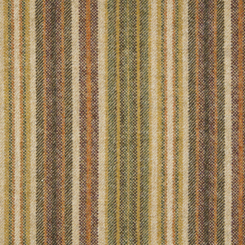 Close-up of olive striped fabric with moss, ochre, cream, brown and rust woven texture