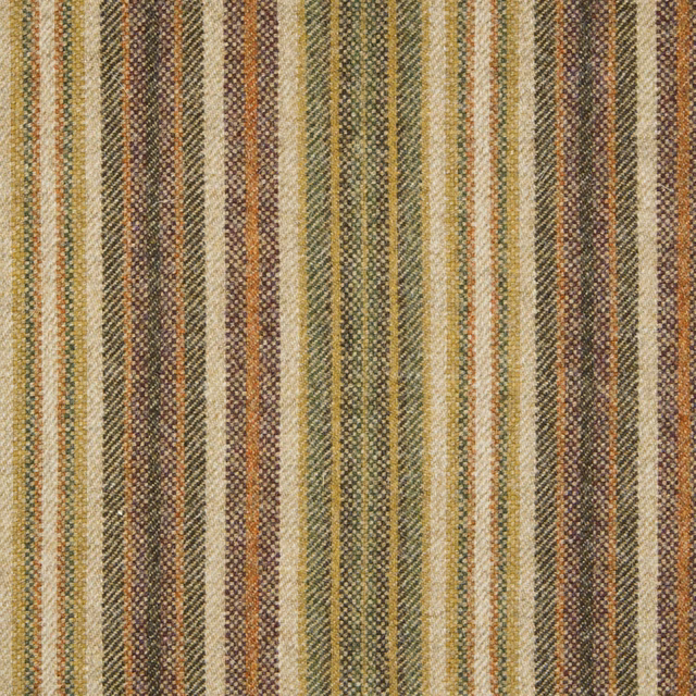 Close-up of olive striped fabric with moss, ochre, cream, brown and rust woven texture