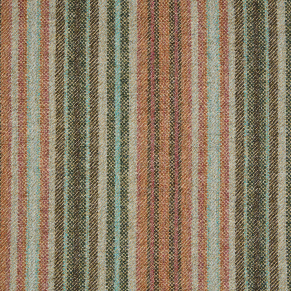 Textured woven swatch with irregular teal, rouge, olive and neutral vertical stripes