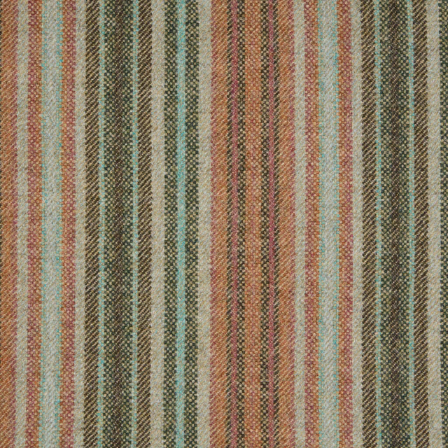 Textured woven swatch with irregular teal, rouge, olive and neutral vertical stripes