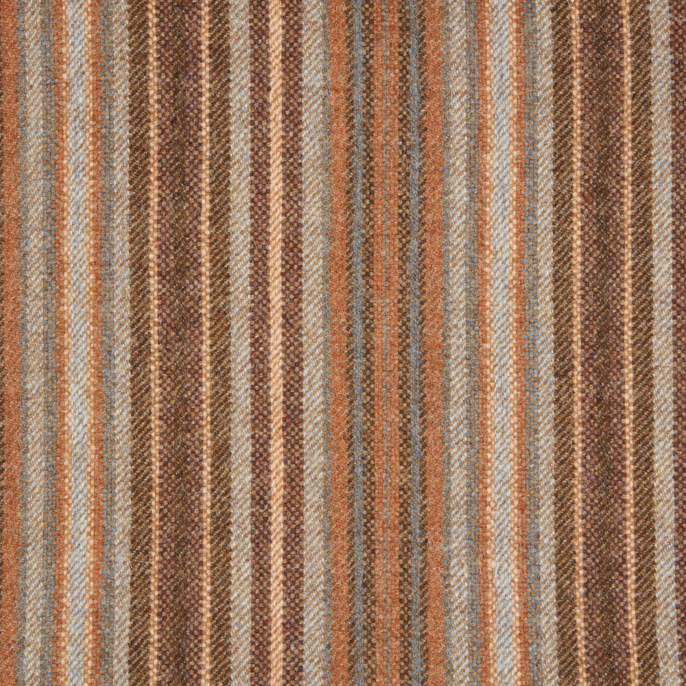 Textured Burleigh fabric with vertical terracotta, brown, cream and blue-grey stripes