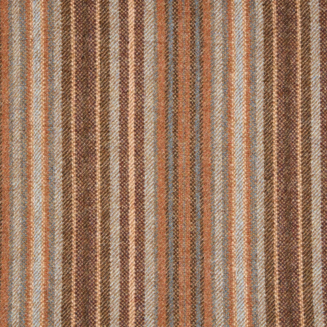 Textured Burleigh fabric with vertical terracotta, brown, cream and blue-grey stripes