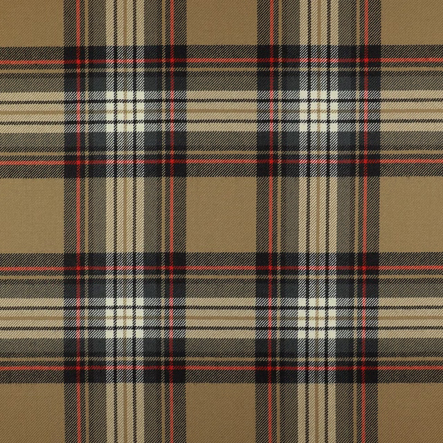 Warm camel tartan plaid with cream blocks, charcoal bands, black checks and red pinstripes