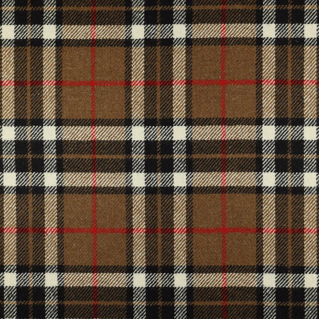 Warm camel plaid with black, cream and fine red woven lines