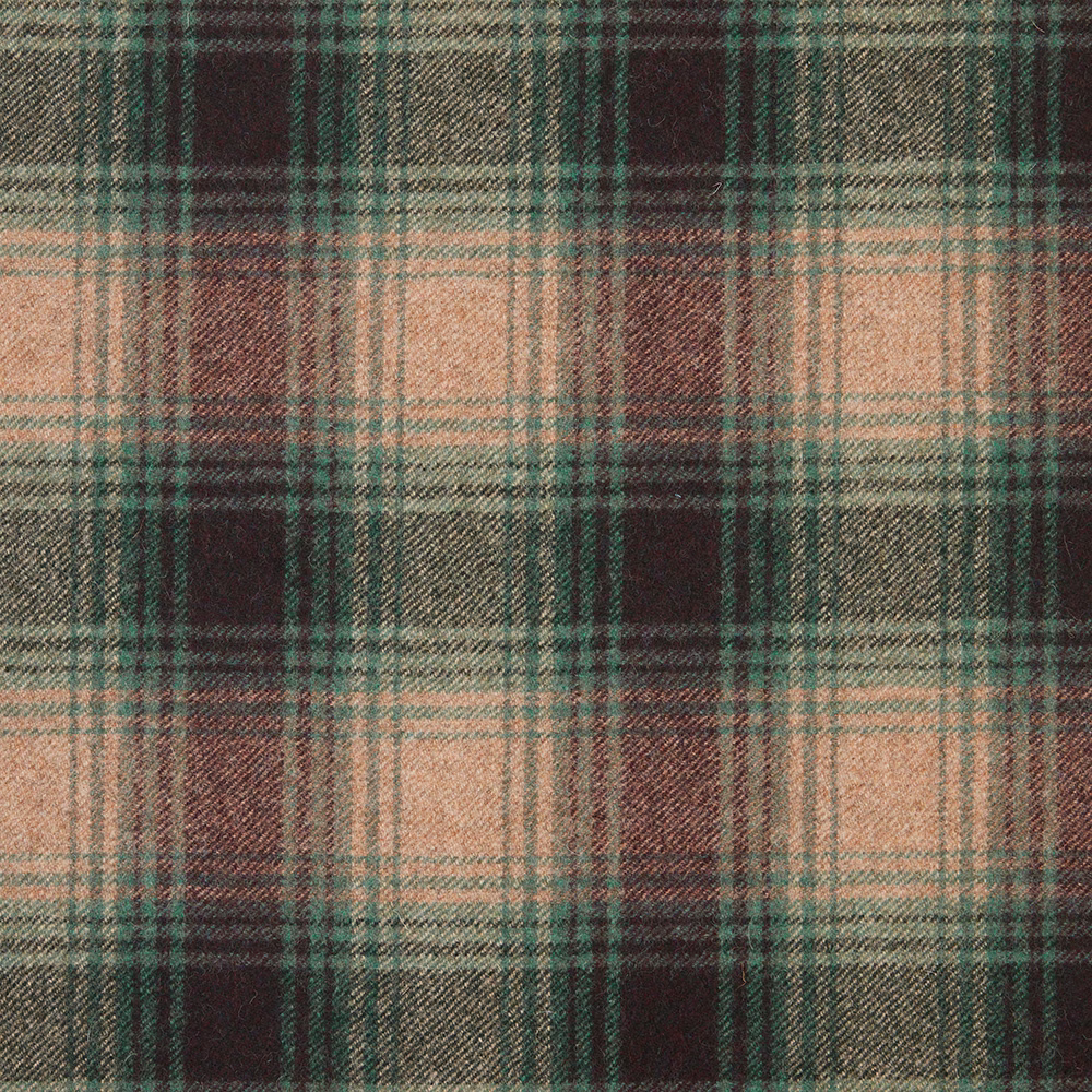 Deep evergreen plaid with charcoal, tan and muted coral woven checks