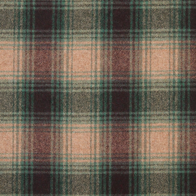 Deep evergreen plaid with charcoal, tan and muted coral woven checks