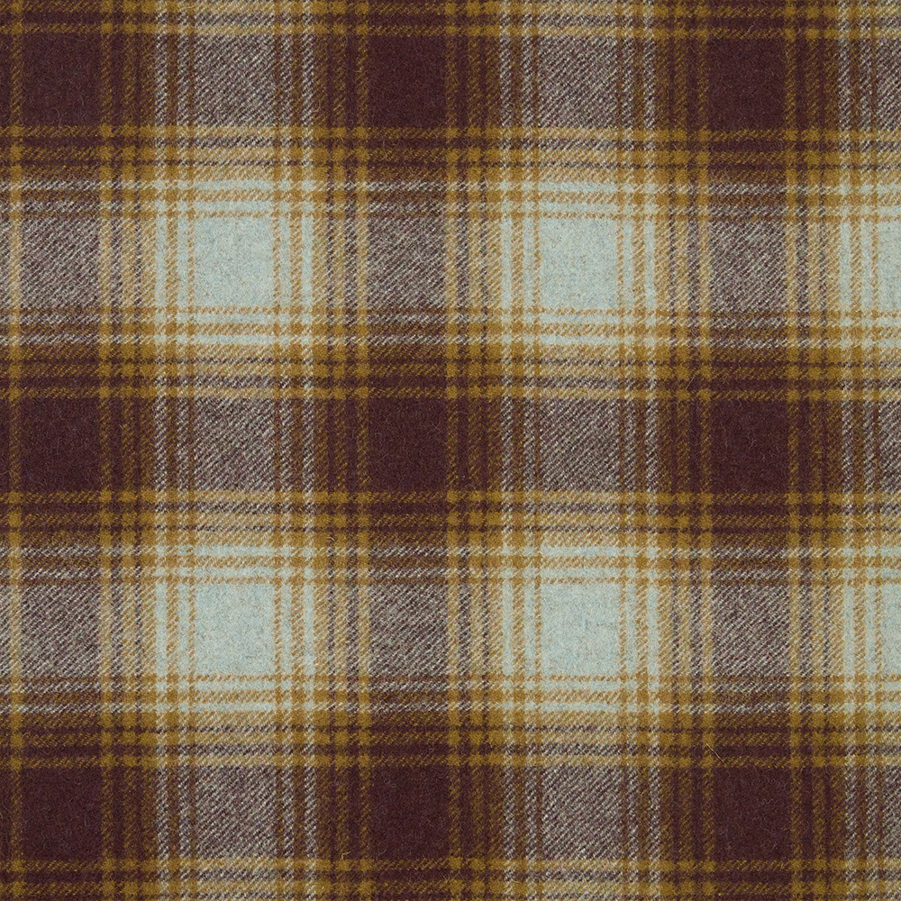 Ochre, brown, cream and pale blue-grey large-check woven plaid textile