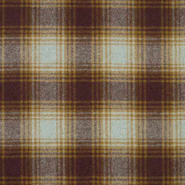 Ochre, brown, cream and pale blue-grey large-check woven plaid textile