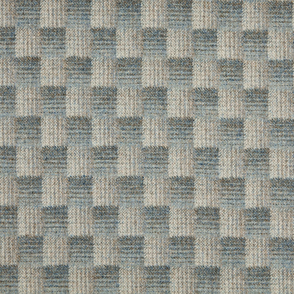 Close-up of Castle Slate fabric with cool blue-grey, oatmeal and pale grey woven checks