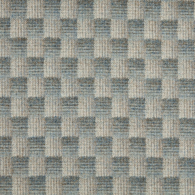 Close-up of Castle Slate fabric with cool blue-grey, oatmeal and pale grey woven checks
