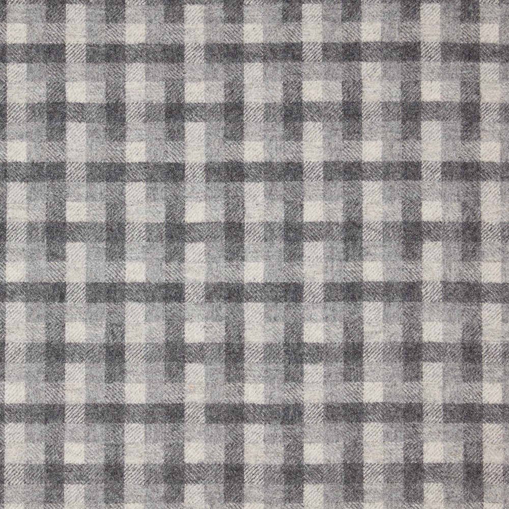 Limestone-grey woven check with chalk and charcoal bands in a softly brushed texture