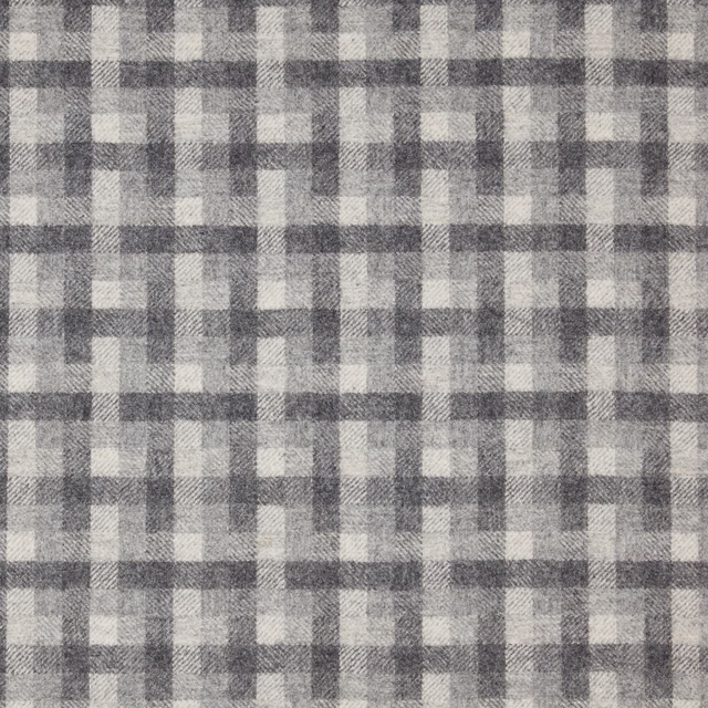 Limestone-grey woven check with chalk and charcoal bands in a softly brushed texture