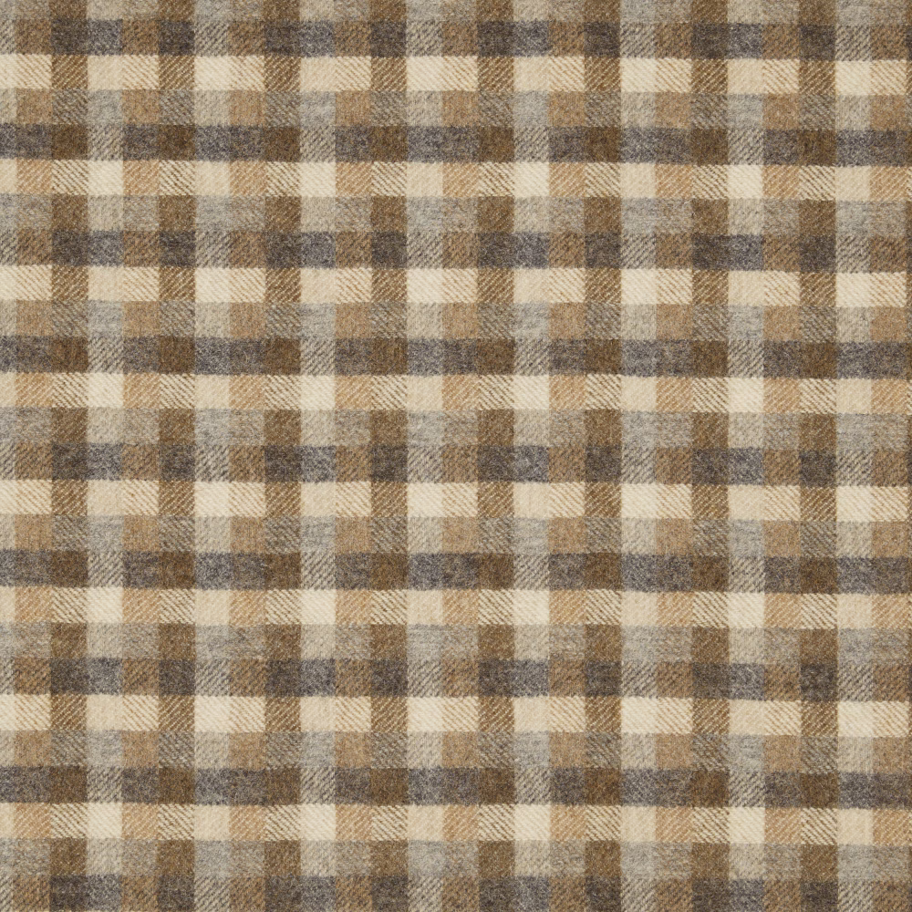 Warm taupe, oatmeal and brown woven check with softly brushed texture