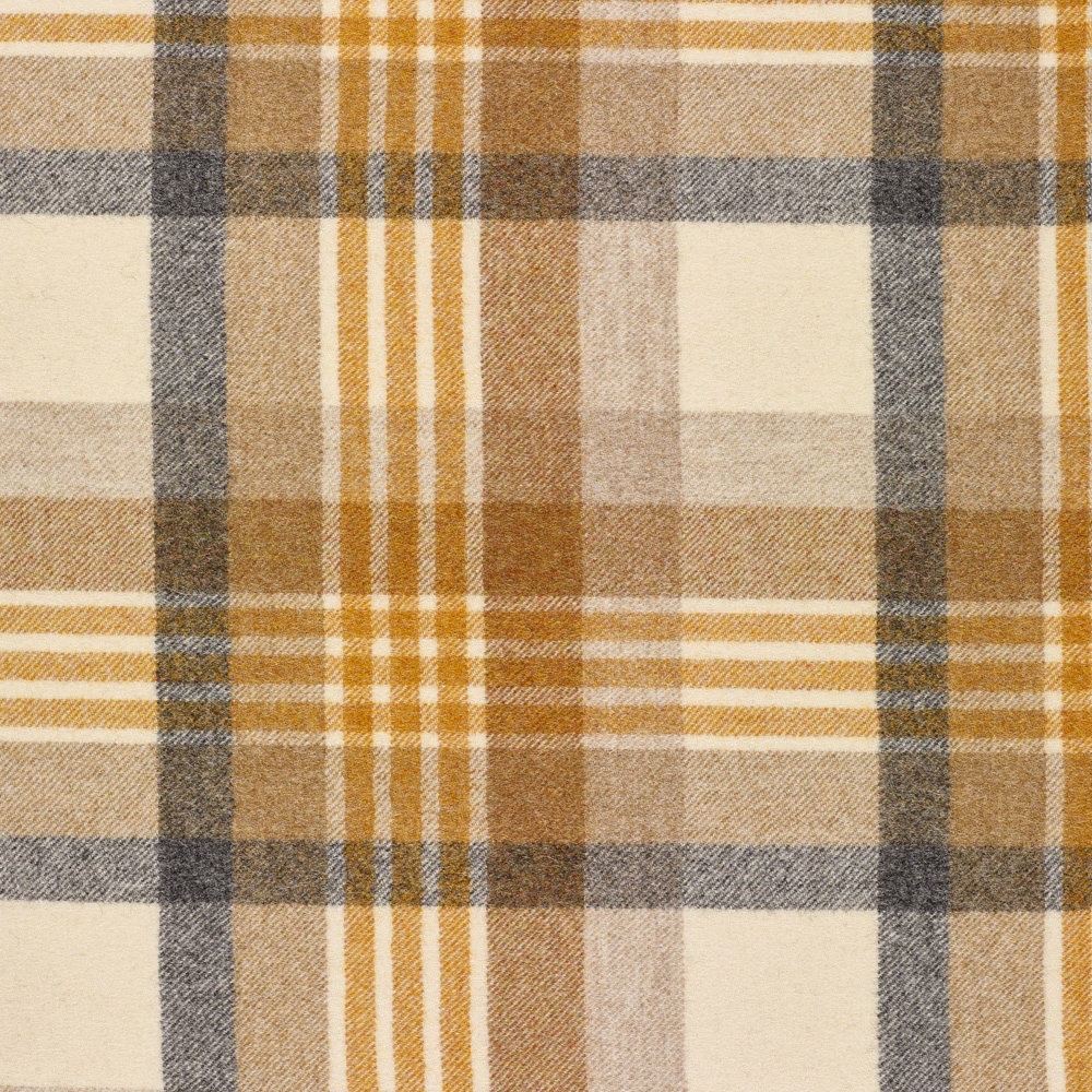 Warm mustard plaid with charcoal bars and textured woven surface