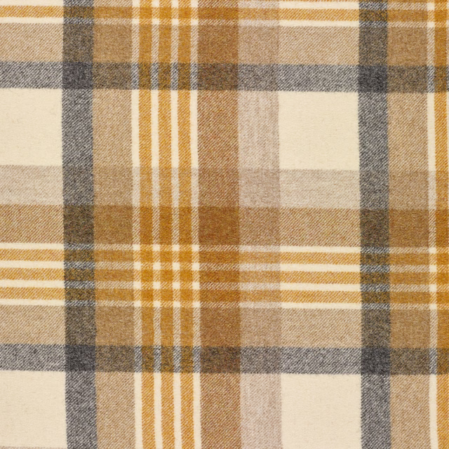 Warm mustard plaid with charcoal bars and textured woven surface