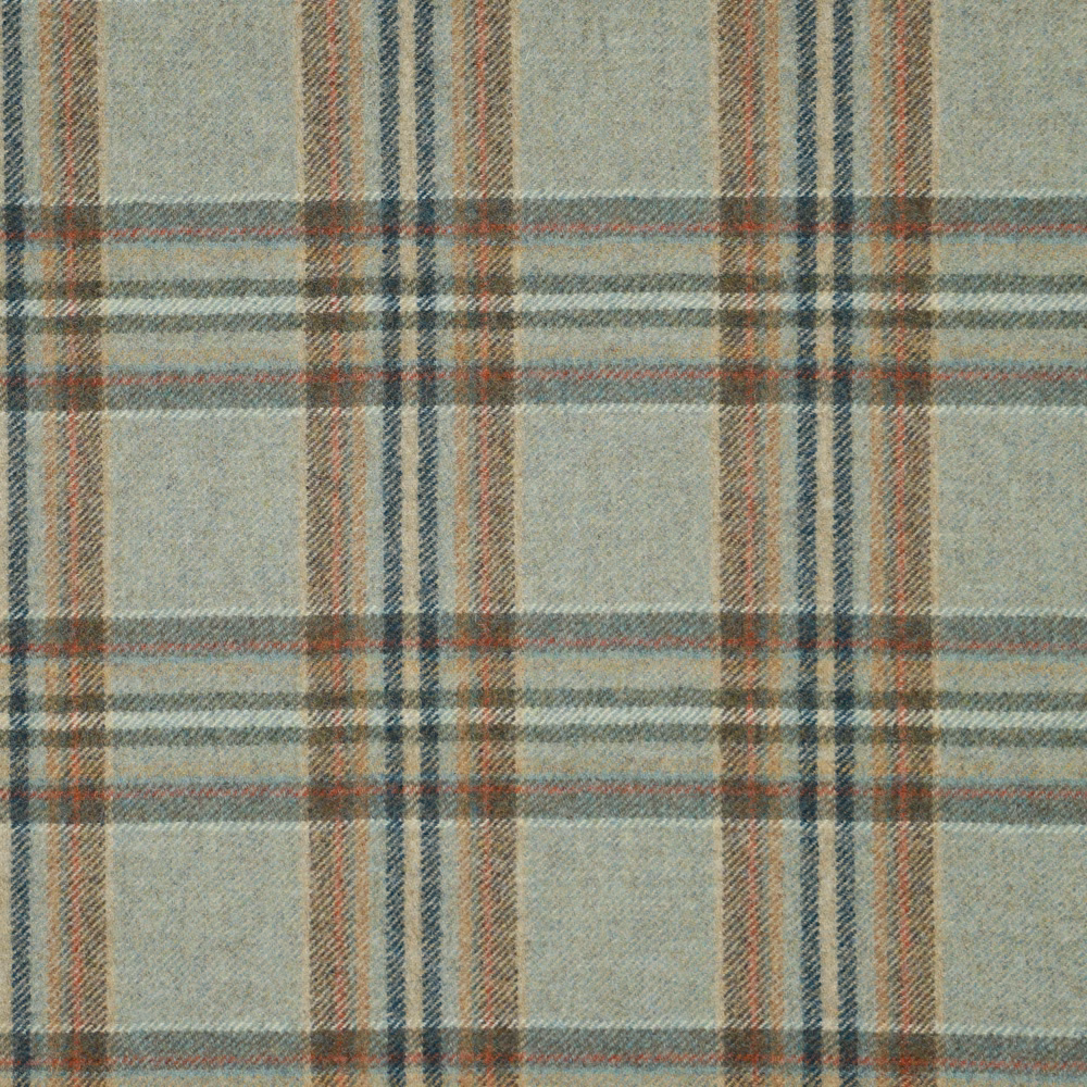 Muted aqua plaid with rust and charcoal stripes in a close woven texture