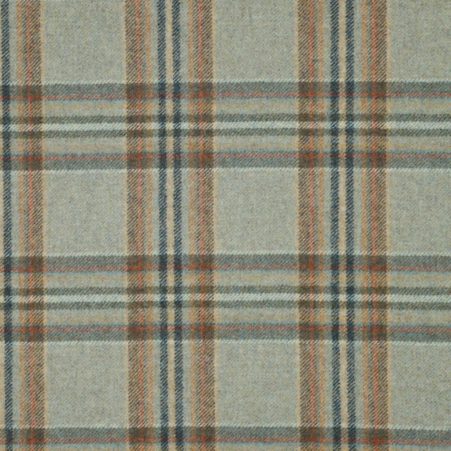 Muted aqua plaid with rust and charcoal stripes in a close woven texture