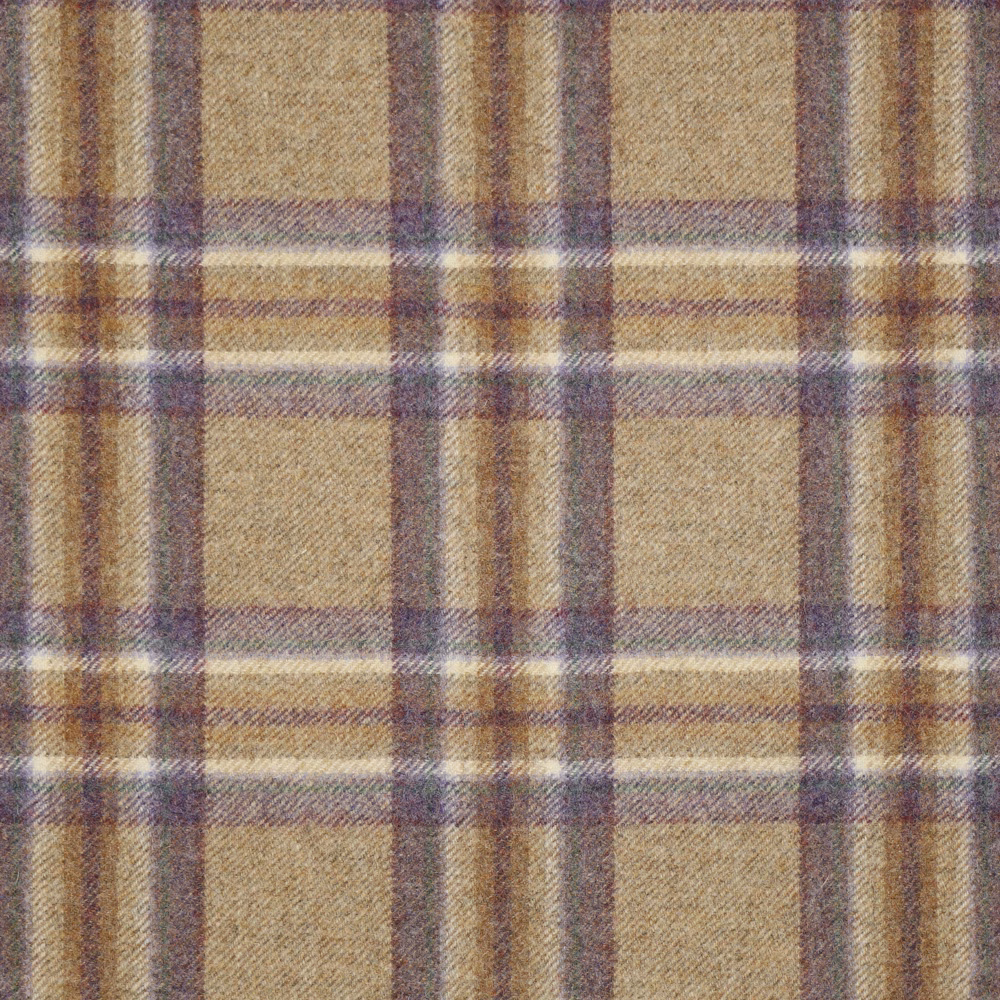 Muted lavender and taupe plaid over a nubby warm beige woven surface
