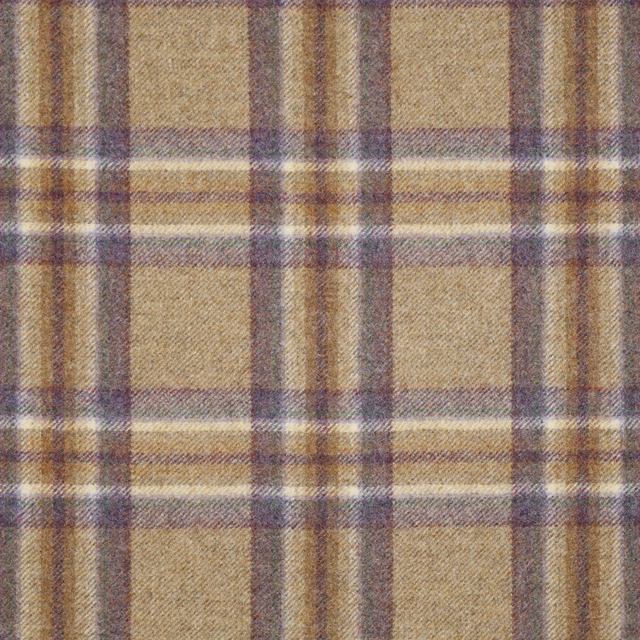 Muted lavender and taupe plaid over a nubby warm beige woven surface