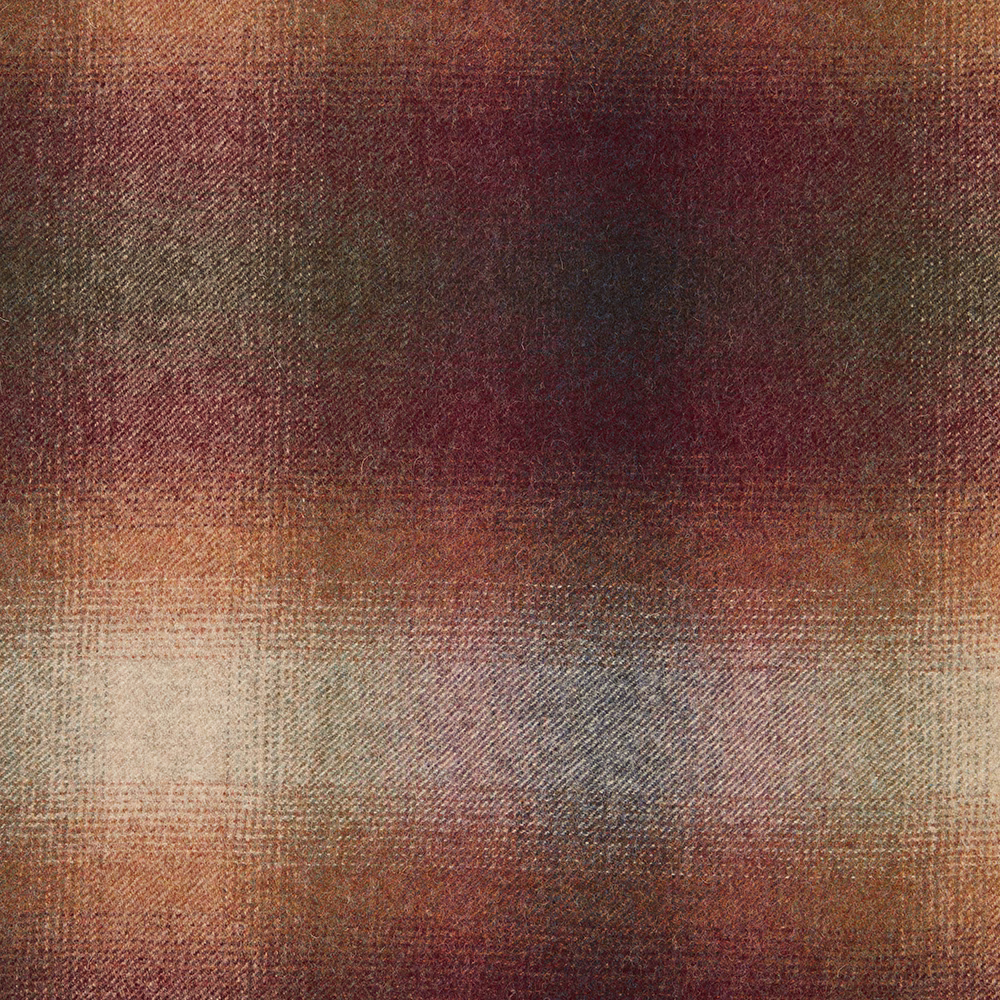 Burgundy woven fabric with rust, tan and smoky blue-grey tonal bands