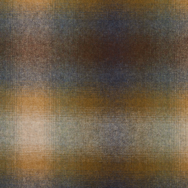 Close-up of muted ochre woven checks with blue-grey, brown and pale beige areas
