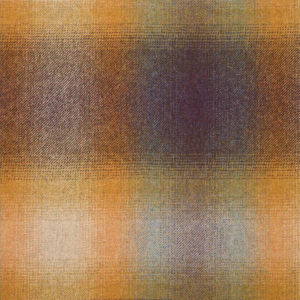 Ochre, rust and blue-grey plaid with dark brown central shading in a woven texture