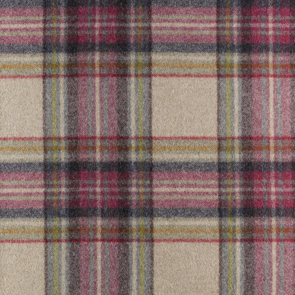 Cream plaid swatch with burgundy, charcoal, pink and mustard woven stripes