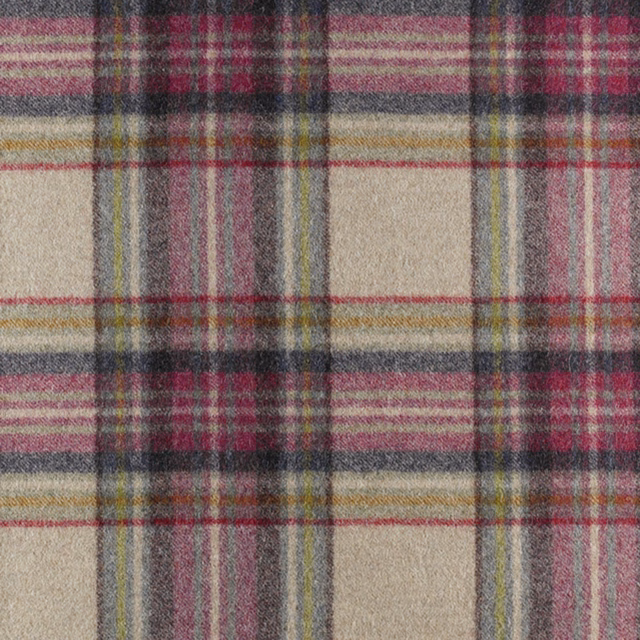 Cream plaid swatch with burgundy, charcoal, pink and mustard woven stripes