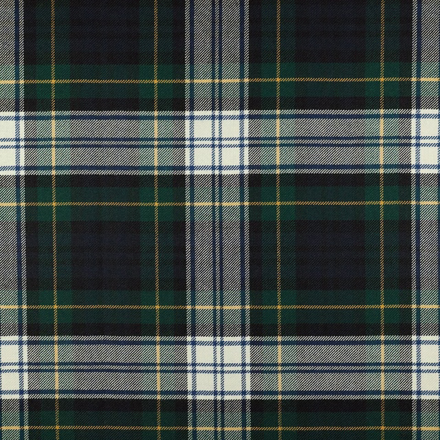Deep forest green tartan with cream checks, navy bands and mustard pinstripes