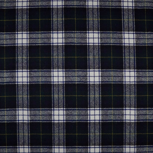 Deep navy plaid with pale grey crossings and fine olive pinstripes